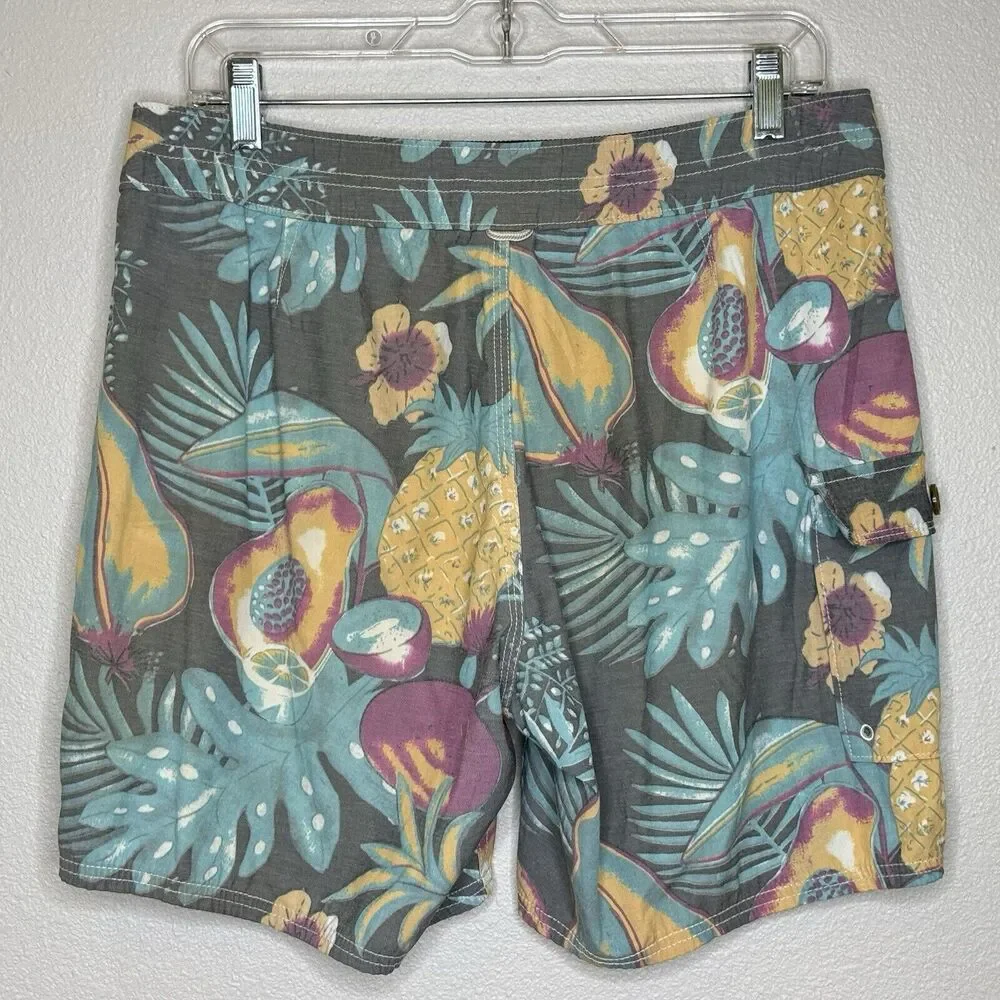 Reef Mens Swim Board Shorts Sz 32 Gray Muted Hawaiian Pineapple Print‎ 7
